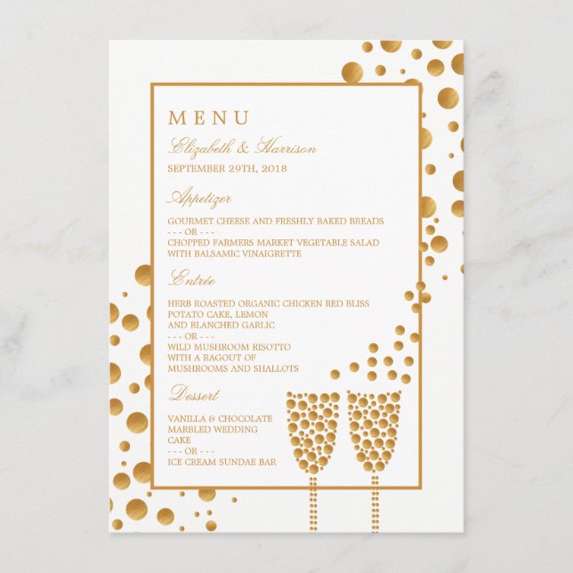 Gold Champagne Bubbles Wedding Menu (Front)