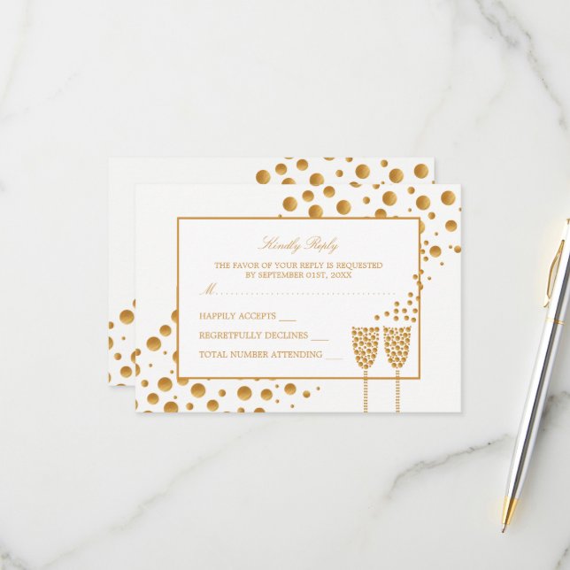 Gold Champagne Bubbles Wedding RSVP Card (Front/Back In Situ)