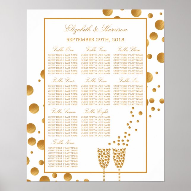 Gold Champagne Bubbles Wedding Seating Chart (Front)