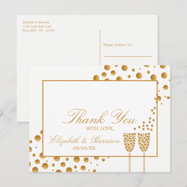 Gold Champagne Bubbles Wedding Thank You Postcard (Front/Back)