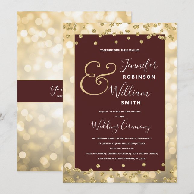 Gold Champagne Burgundy Elegant Wedding Invitation (Front/Back)