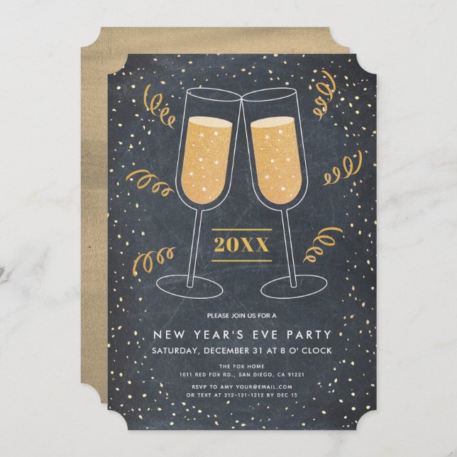 Gold Champagne Chalkboard New Year's Eve Invitation (Front/Back)