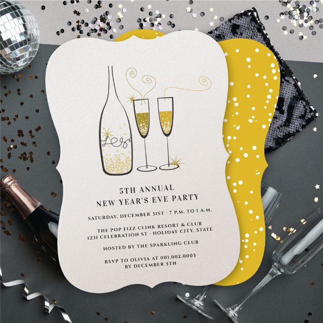 Gold Champagne Cheers Annual New Year's Eve Party Invitation (Gold Champagne Cheers Annual New Year Eve Party Invitation @ fat_fa_tin)