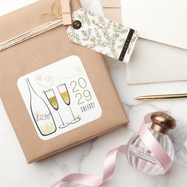Gold Champagne Cheers Bubbly Stylish Chic New Year Square Sticker (Gifting)