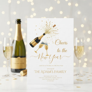  Gold Champagne Cheers New Year Party Invitation