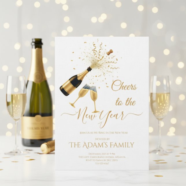  Gold Champagne Cheers New Year Party Invitation (Creator Uploaded)