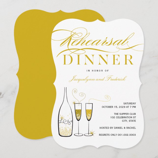 Gold Champagne Chic Wedding Rehearsal Dinner Party Invitation (Front/Back)