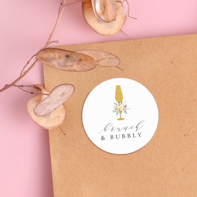 Gold Champagne Floral Bridal Brunch & Bubbly Classic Round Sticker (Round Sticker Mock-up)