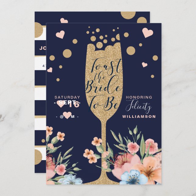 Gold Champagne | Florals & Stripe Bridal Shower Invitation (Front/Back)