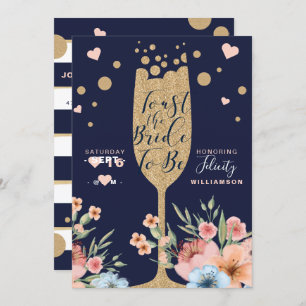 Gold Champagne   Florals & Stripe Bridal Shower Invitation