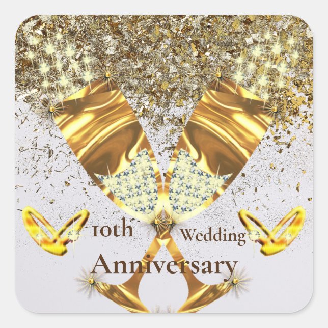 Gold champagne glass 10th wedding anniversary  square sticker (Front)