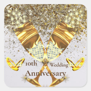 Gold champagne glass 10th wedding anniversary square sticker