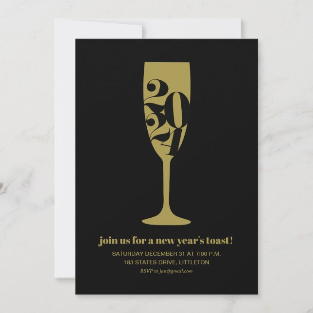 Gold Champagne Glass 2024 New Year's Eve Party Invitation (Front)