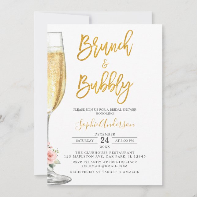 Gold Champagne Glass Brunch & Bubbly Bridal Shower Invitation (Front)