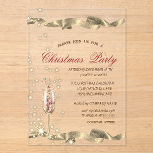 Gold Champagne Glass Corporate Christmas Party Acrylic Invitations