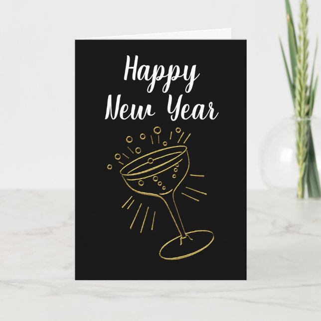 Gold Champagne Glass Happy New Year Holiday Card (Front)