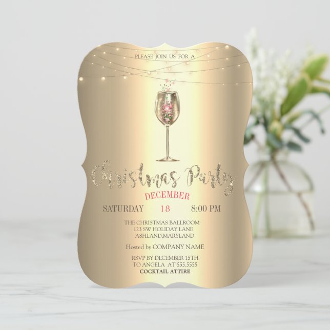Gold Champagne Glass,Lights Christmas Company Invitation (Standing Front)