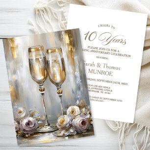 Gold Champagne Glasses 10th Wedding Anniversary Invitation