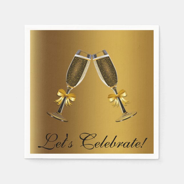 Gold Champagne Glasses Celebration Paper Napkins (Front)