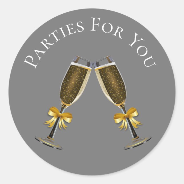 Gold champagne glasses party business branding classic round sticker (Front)