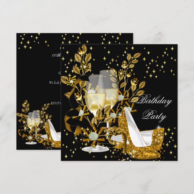 Gold Champagne Glitter High Heels Birthday Party Invitation (Front/Back)
