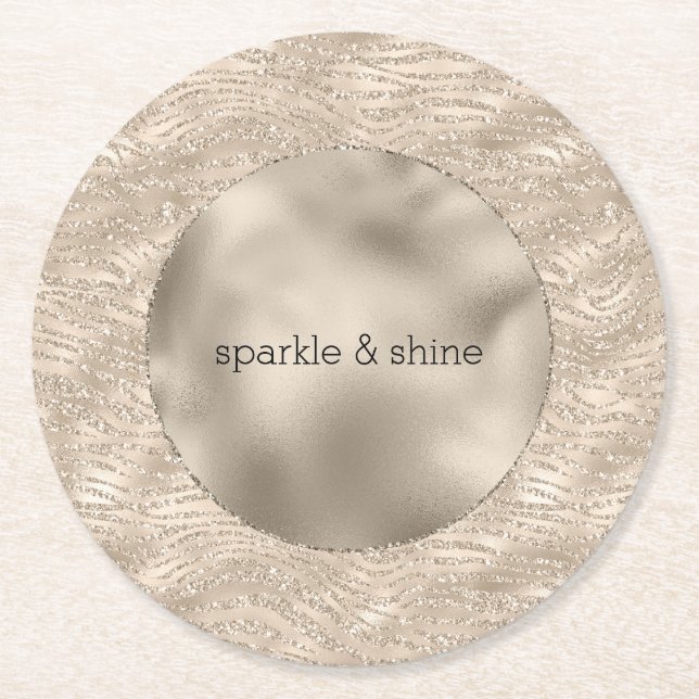 Gold Champagne Glitter Zebra Print glam Round Paper Coaster (Front)