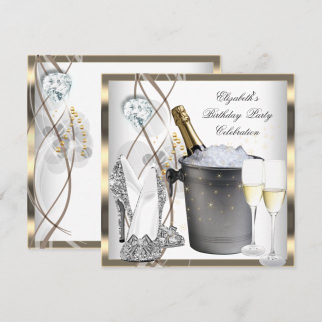 Gold Champagne High Heels Elegant Silver Birthday Invitation (Front/Back)