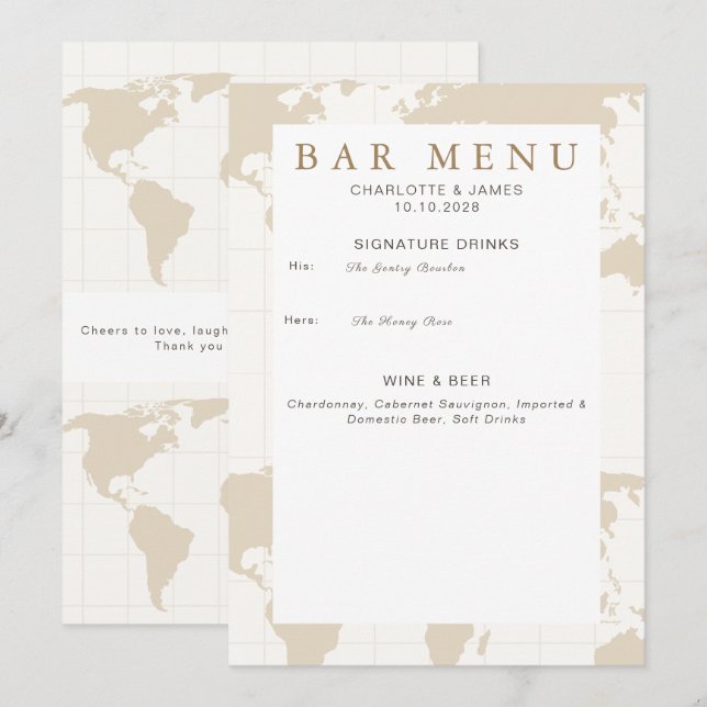 Gold Champagne Map Wedding Bar Menu Sign Favour (Front/Back)