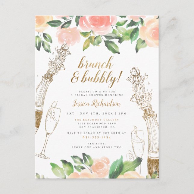 Gold Champagne & Peach Roses Bridal Shower Brunch Invitation Postcard (Front)