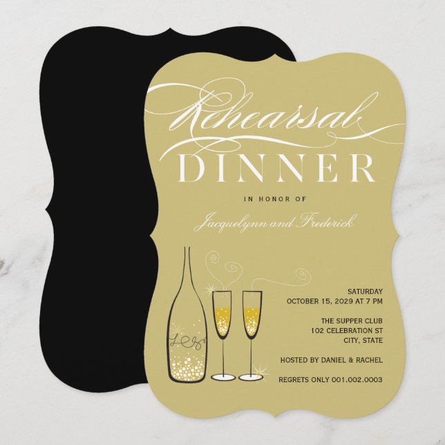 Gold Champagne Rehearsal Dinner Party Invite (Front/Back)