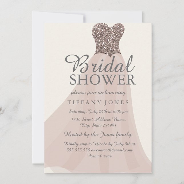 Gold Champagne Shimmer Glitter Gown Bridal Shower Invitation (Front)