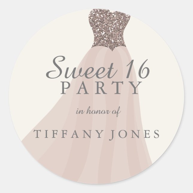 Gold Champagne Shimmer Glitter Gown Sweet 16 Classic Round Sticker (Front)