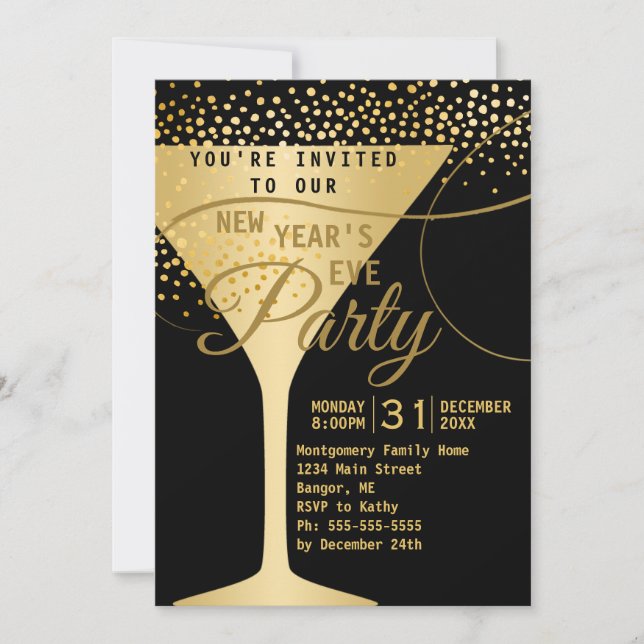 Gold Champagne Sparkles Black New Years Eve Party Invitation (Front)