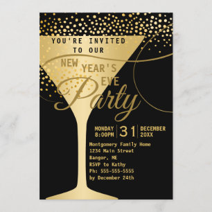 Gold Champagne Sparkles Black New Years Eve Party Invitation