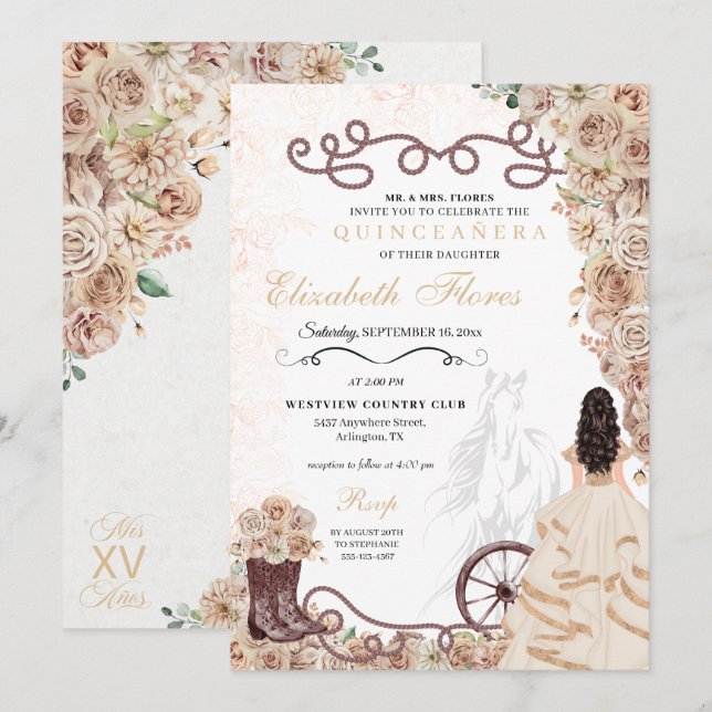 Gold Champagne Western Princess Charro Quinceañera Invitation (Front/Back)