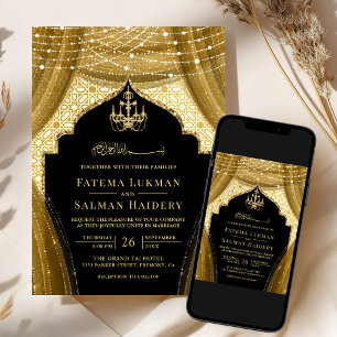 Gold Chandelier Curtain Black Muslim Wedding Invitation
