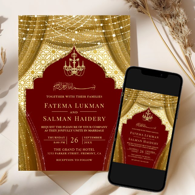 Gold Chandelier Curtain Red Muslim Wedding Invitation (Creator Uploaded)
