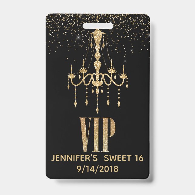 Gold Chandelier Sweet 16 Party VIP Badge ID Badge (Front)