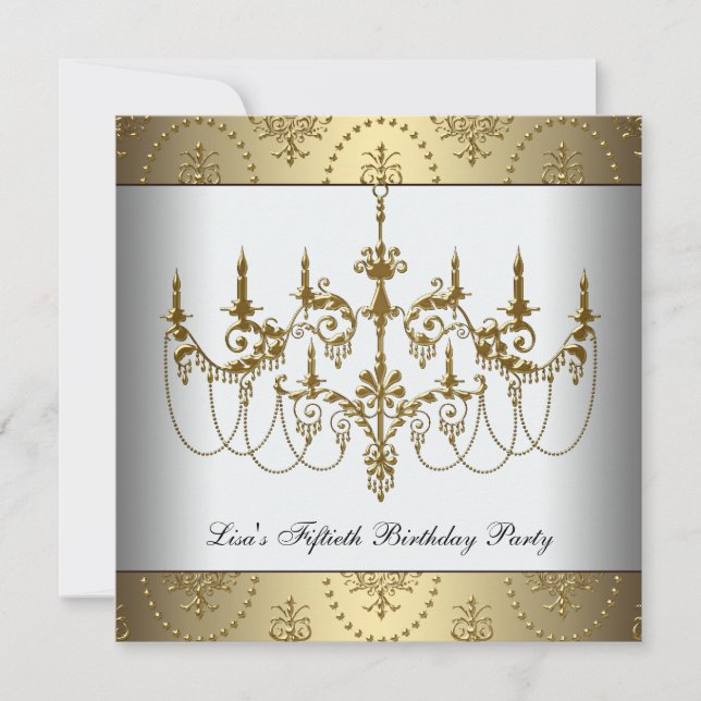 Gold Chandelier Womans Classy 50th Birthday Invitation (Front)