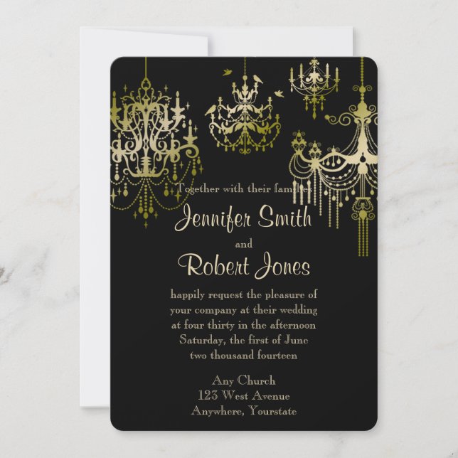 Gold Chandeliers on Black Posh Wedding Invitation (Front)