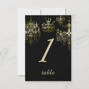 Gold Chandeliers on Black Posh Wedding Table card
