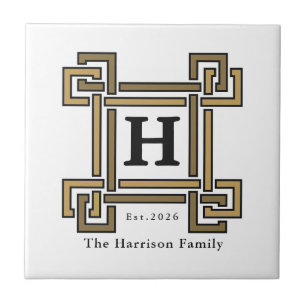 Gold Charcoal Greek Key Monogram Family Crest Tile