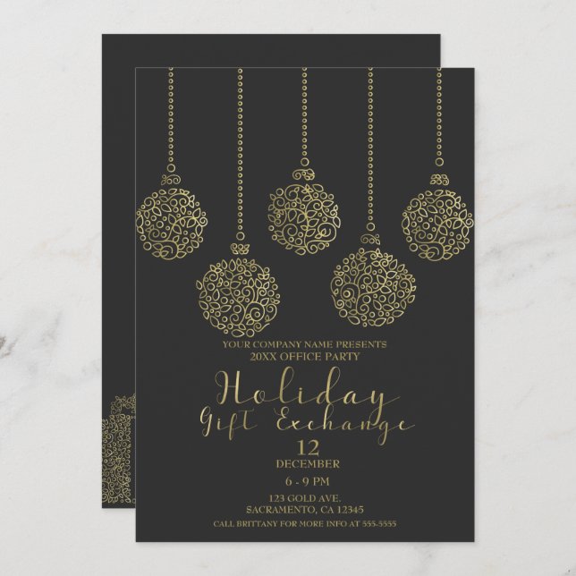 Gold & Charcoal Holiday Gift Exchange Party Invitation (Front/Back)