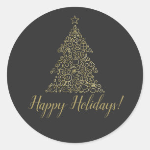 Gold & Charcoal Holiday Tree Gift Exchange Party Classic Round Sticker