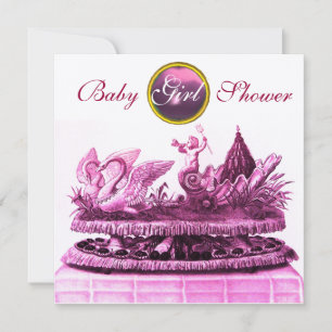 GOLD CHARIOT OF SWANS /CUPCAKES GIRL BABY SHOWER INVITATION