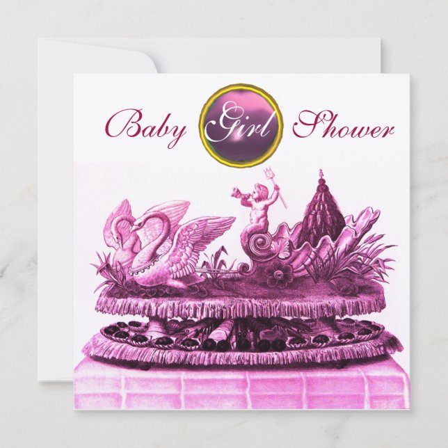 GOLD CHARIOT OF SWANS /CUPCAKES GIRL BABY SHOWER INVITATION (Front)