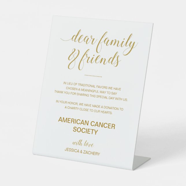 Gold Charity Donation In Lieu Of Favours Wedding Pedestal Sign (Front)