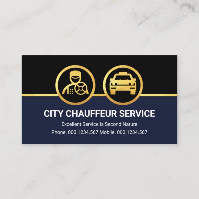 Gold Chauffeur Car On Black Blue Layers Business Card (Front)