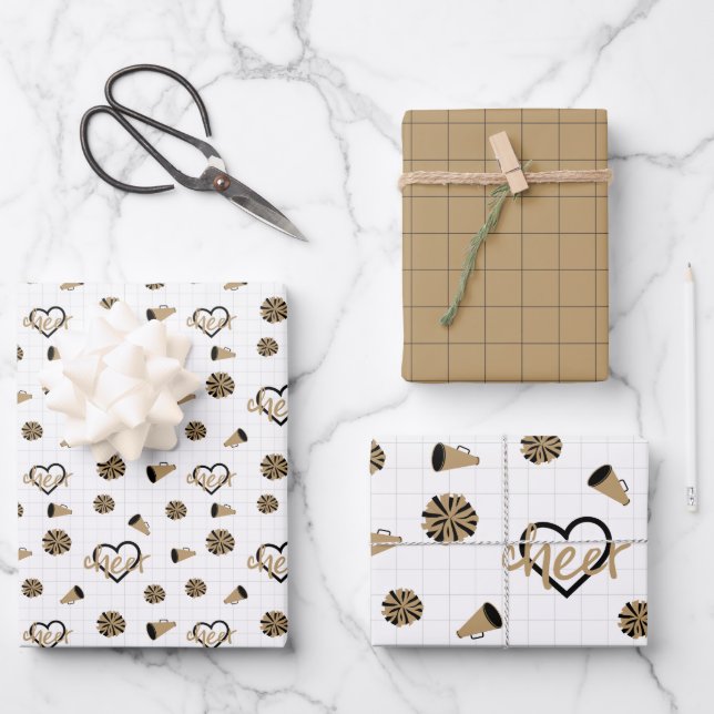 Gold Cheer Hearts, Pom Poms, Megaphone Pattern Wrapping Paper Sheet (Front)