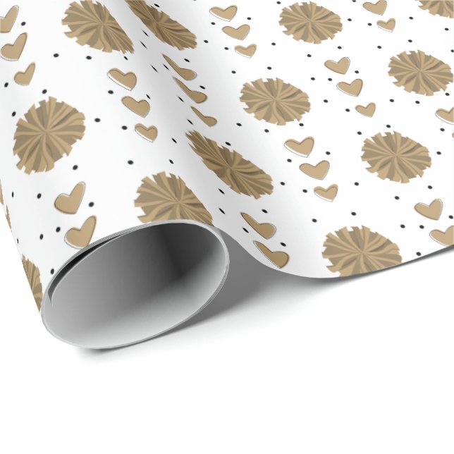 Gold Cheerleader Pom Poms & Hearts Pattern Wrapping Paper (Roll Corner)